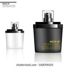 3D Mock up Realistic Spray Bottle  Perfume Cosmetic or Soap Foam for Skincare Product Packaging With Black colour and Silver Cap on  Background Illustration