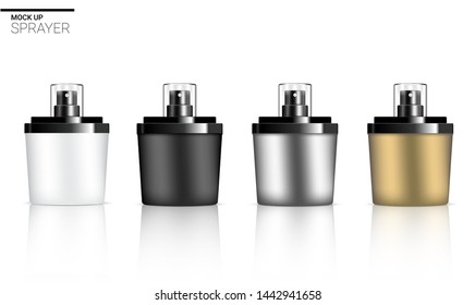 3D Mock up Realistic Spray Bottle  Perfume Cosmetic or Soap Foam for Skincare Product Packaging With metallic, White, Black and Gold Cap on Background Illustration