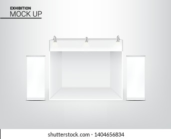 3D Mock up Realistic Tent Display POP Booth for Shop Sale Marketing Promotion Exhibition with Metallic Spotlight Lamp and Roll up Template Background Illustration