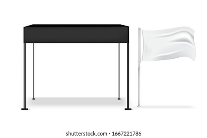 3D Mock up Realistic Tent Display POP Booth for Shop Sale Marketing Promotion Exhibition with Metallic and Flag Template Background Illustration