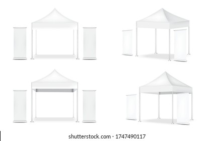 3D Mock Up Realistic Tent Display POP Booth And Roll Up. Banner  For Sale Marketing Promotion Exhibition Background Illustration