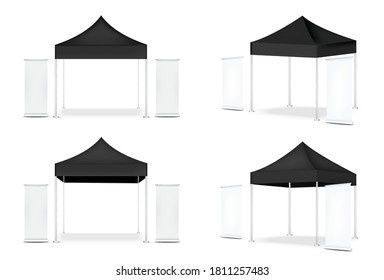 3D Mock up Realistic Tent Display POP Booth and Roll up. Banner  for Sale Marketing Promotion Exhibition Background Illustration