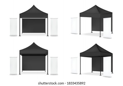 3D Mock up Realistic Tent Display POP Booth With Banner for Sale Marketing Promotion Exhibition Background Illustration