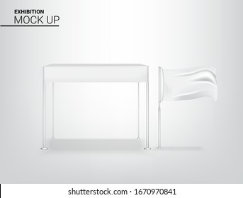 3D-Mock-up Realistic Zelt-Märchen Display-POP-Stand für Shop-Verkauf Marketing Promotion Ausstellung mit Metallic und Flag Template Hintergrund Illustration. Werbekonzept Design.