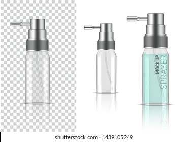 3D Mock up Realistic Transparent Spray Bottle  Cosmetic or Lotion for Skincare Product Packaging With Silver Cap on  White Background Illustration