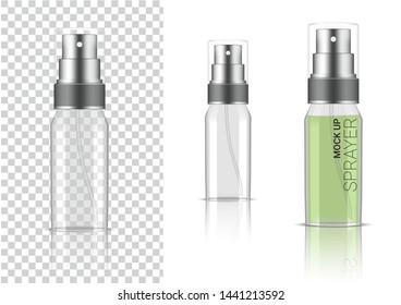 3D Mock up Realistic Transparent Spray Bottle  Cosmetic or Lotion for Skincare Product Packaging With Silver Cap on  White Background Illustration