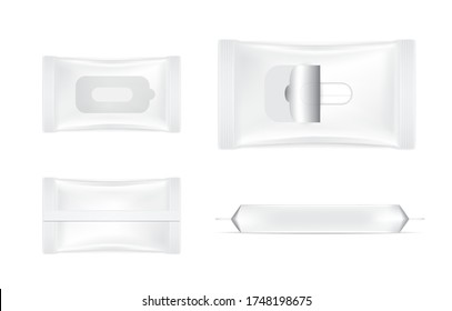 3D Mock up Realistic Wet Wipe Foil Sachet Set Bag product  packaging on white background vector illustration. Health care and Medical Object.