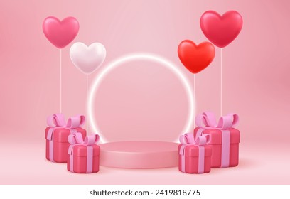 3d se burla del podio del escenario decorado con globos de forma cardíaca y con caja de regalo. Antecedentes para cumpleaños, aniversario, venta, boda. Banner web. Concepto de San Valentín. Ilustración del vector