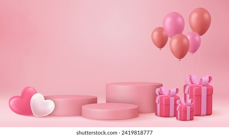 3d mock up Stage podium decorated with heart shape balloons and with gift box. Background for birthday, anniversary, sale, wedding. Web banner. Valentine concept. Vector illustration