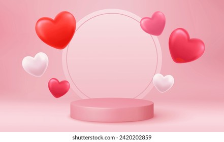 3d mock up Stage podium decorated with heart shape balloons. Background for birthday, anniversary, sale, wedding. Web banner. Valentine concept. Vector illustration