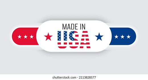 3D-Mocken Sie die Flaggenknöpfe der USA an. Hergestellt in den Vereinigten Staaten von Amerika Neomorphismus trendige Konzept Design Element, Logo, Symbol, Zeichen, Symbol. Amerikanisch machte Premium-Qualität. Vektorgrafik