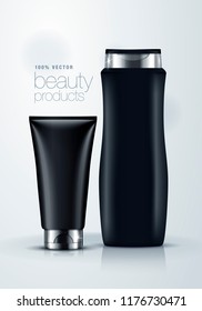 3d mock up vector illustration cosmetics product of black blank cream tube and shampoo bottle with silver lid design, packaging template