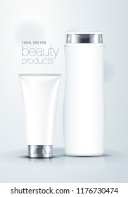 3d mock up vector illustration cosmetics product of white blank cream tube and shampoo bottle with silver lid design, packaging template