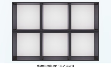 3D mockup of black empty cabinet on the wall. Kitchen shelf or bookshelf for office and home. Shop, gallery showcase. Blank retail storage space. Interior design furniture