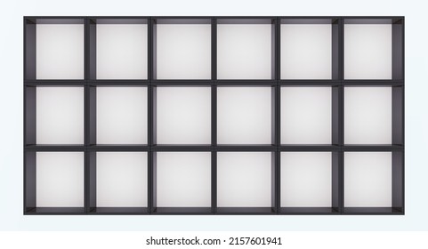 3D mockup of black empty cabinet with shelves on white wall. Kitchen furniture or bookshelf for office and home. Shop, gallery showcase. Blank retail storage space. Interior design furniture