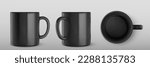 3d mockup of black mug for tea or coffee. Template of blank ceramic or porcelain cup. Empty black mug in front, side and top view, vector realistic set isolated on transparent background