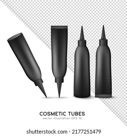 3D mockup with blank cosmetic tubes with pointed tip applicator in different positions. Black matte packages for cream, lotion, gel, moisturizer, serum, etc. Skincare and treatment products template