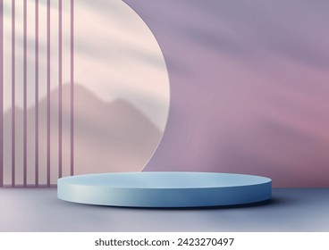 3D-Mock-up-blaues Podium auf atemberaubende Berglandschaft. Perfekt für die Präsentation von Kosmetik, Schmuck, Mode. Vektorgrafik