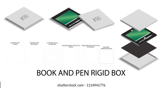 3d mockup box and dieline for book and pen 