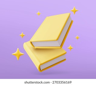 3D-Mockup hellgelber Flugbücher auf violettem Hintergrund. 3D-Rendering Vektorgrafik