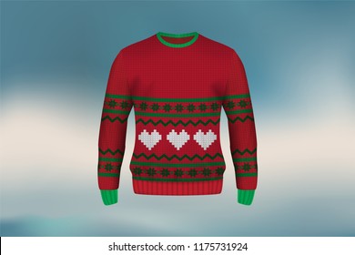 3D mockup of Christmas sweater or jumper in heart design, concept for apparel in Christmas and new year holiday season in vector illustration. It also can be used for mockup of clothes in winter