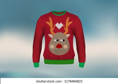 3D Mockup Of Christmas Sweater Or Jumper In Heart Design, Concept For Apparel In Christmas And New Year Holiday Season In Vector Illustration. It Also Can Be Used For Mockup Of Clothes In Winter