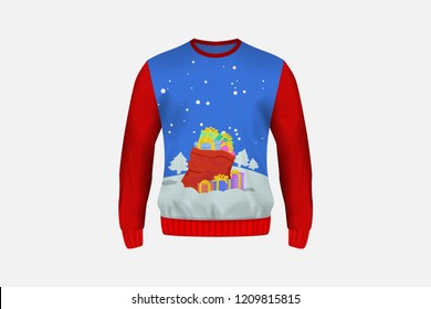 3D mockup of Christmas sweater or jumper in Santa Claus's bag design, concept for apparel in Christmas and new year holiday season in vector illustration