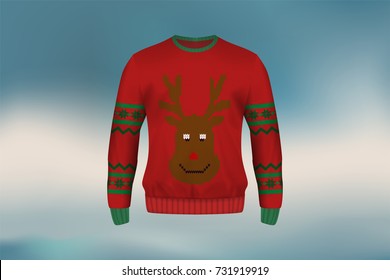 3D mockup of Christmas sweater or jumper in reindeer design, concept for apparel in Christmas and new year holiday season in vector illustration 