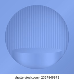 3d mockup of a cylindrical podium or pedestal for a product. Blue display stage. Violet background with thin lines. Cylinder showing through a round window