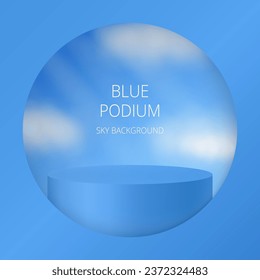 3d mockup of a cylindrical podium or pedestal for a product. Blue display stage. Background with clouds on a blue sky. Cylinder showing through a round window
