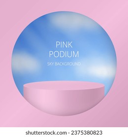 3d mockup of a cylindrical podium or pedestal for a product. Pink display stage. Background with clouds on a blue sky. Cylinder showing through a round window
