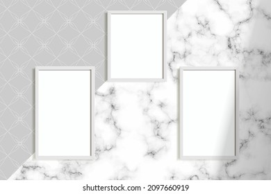 3D Mockup of frames on a background of white marble and gray wallpaper with a pattern with shadows. A falling shadow from the light. Realistic vector illustration.