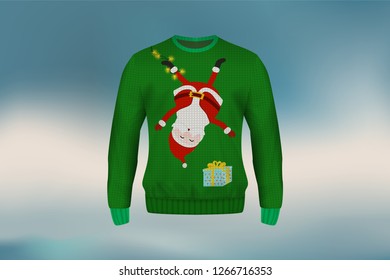 3D mockup of green Christmas sweater or jumper in Santa Claus design, concept for apparel in Christmas and new year holiday season in vector illustration