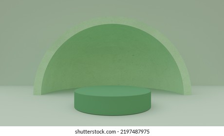 maqueta 3D de un podio verde con un hemisferio o un arco sobre un fondo verde claro. Un fondo abstracto brillante a mediados de siglo para la presentación de productos o cosméticos. Cifras geométricas