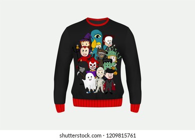 3D mockup of Halloween sweater or jumper in ghost or monster printing designed, concept for apparel in Halloween costume party night in vector illustration