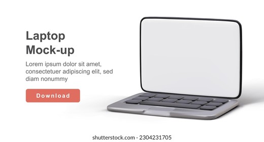 3D mockup of laptop with empty screen. Voluminous minibook, blank for advertising. Realistic image of modern gadget. Element for displaying bright web design