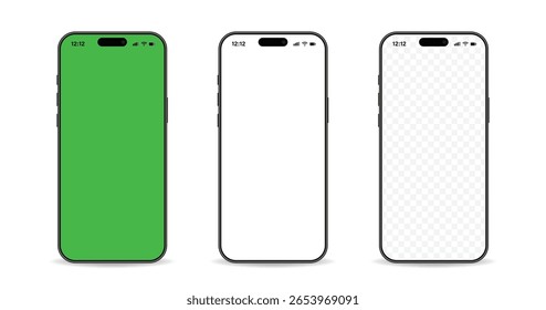 3d mockup of the new mobile phones. Smartphone mockup set with white empty transparent, white, green touch screen