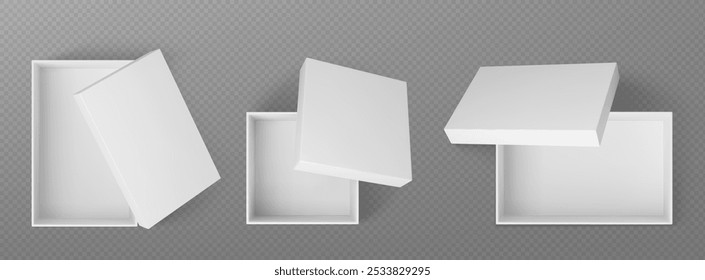 3D mockup of open white boxes top view. Square and rectangle cardboard packages showcasing lids and empty interiors for presentations, container designs, or product displays. Realistic vector set.