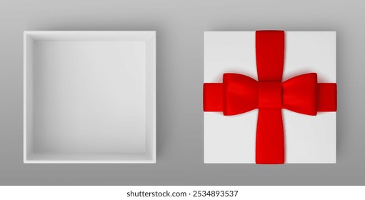 3D mockup of open white gift box with open lid, red ribbon and bow top view. Realistic square cardboard holiday present package showcasing cap and empty interior for congratulation or product display.