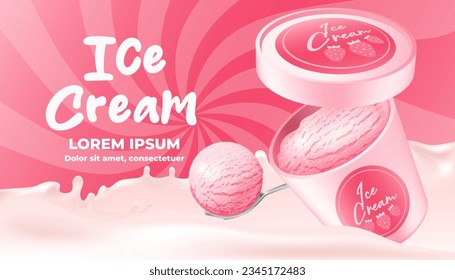 3D mockup of a pink ice cream in a bucket with a raised lid. Includes a spoon with a raspberry flavored ice cream ball. Perfect banner for promoting sweet food with a liquid background.