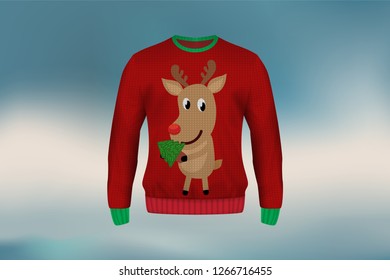 3D mockup of red Christmas sweater or jumper in reindeer design, concept for apparel in Christmas and new year holiday season in vector illustration