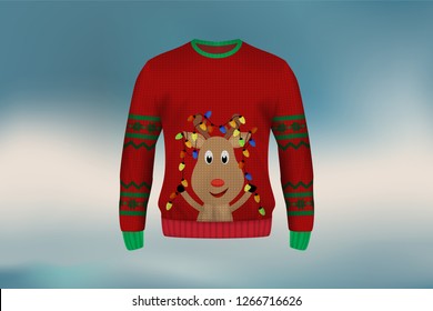3D mockup of red Christmas sweater or jumper in reindeer with bulb design, concept for apparel in Christmas and new year holiday season in vector illustration