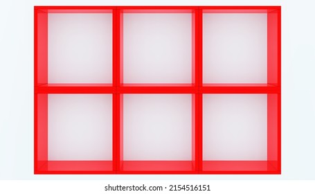 3D mockup of red empty cabinet on the wall. Kitchen shelf or bookshelf for office and home. Shop, gallery showcase. Blank retail storage space. Interior design furniture