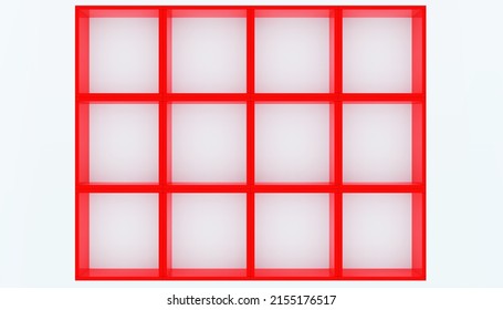 3D mockup of red empty cabinet with shelves on the wall. Kitchen furniture or bookshelf for office and home. Shop, gallery showcase. Blank retail storage space. Interior design furniture