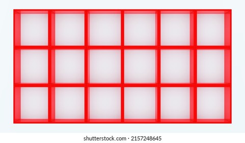 3D mockup of red empty cabinet with shelves on white wall. Kitchen furniture or bookshelf for office and home. Shop, gallery showcase. Blank retail storage space. Interior design furniture