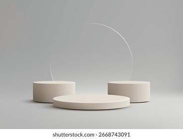 3d mockup scene with three cylindrical pedestals on a neutral grey background featuring a transparent ring, designed for product display, showroom presentation, and elegant branding visuals