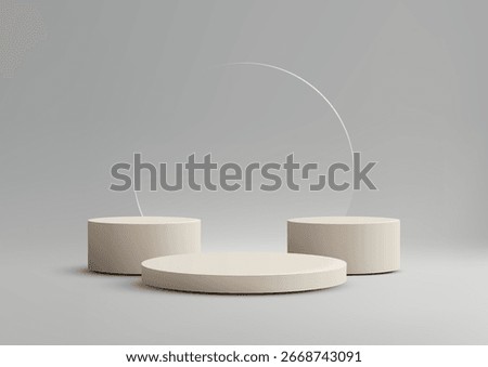 3d mockup scene with three cylindrical pedestals on a neutral grey background featuring a transparent ring, designed for product display, showroom presentation, and elegant branding visuals