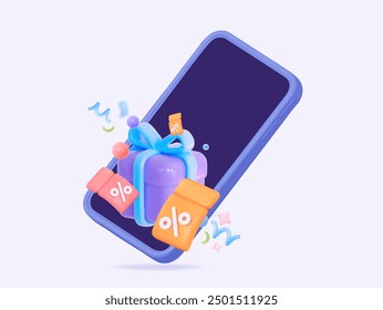 3D mockup of a smartphone with an empty purple screen, featuring a vibrant vector illustration with gift coupons and confetti. 