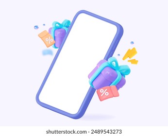 3D mockup of a smartphone with an empty white screen, flying percentages and confetti. Creative concept of online bargain shopping. 3d vector illustration.