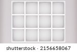 3D mockup of white empty cabinet with shelves on the wall. Kitchen furniture or bookshelf for office and home. Shop, gallery showcase. Blank retail storage space. Interior design furniture